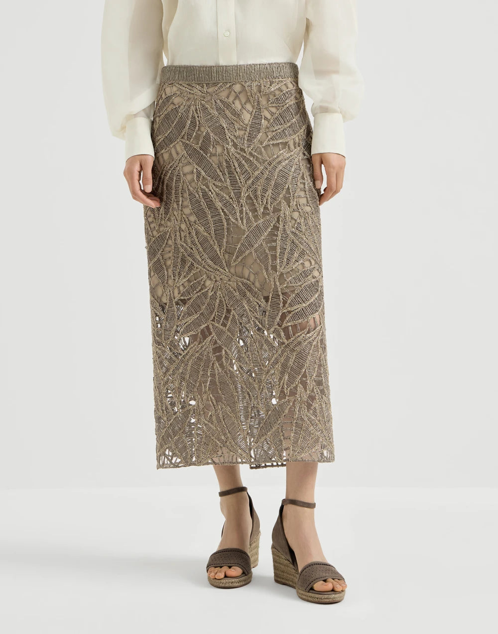 Linen and cotton dazzling cacao leaves embroidery skirt